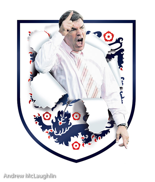 Sam Allardyce busting through an England badge. News of the World Sport.